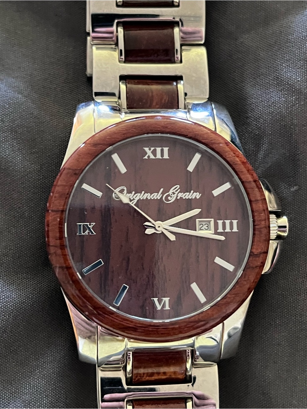 Original Grain Men’s Brown Wood & Silver Stainless Steel Watch with Date Window
